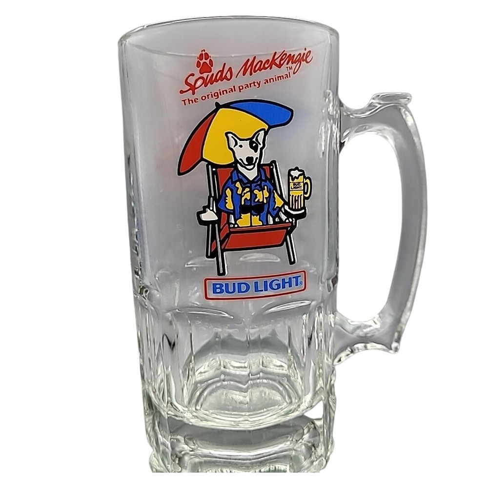 1987 Bud Light Spuds Mackenzie 8" Tall Beer Mug Barware Mancave Beach Chair VTG